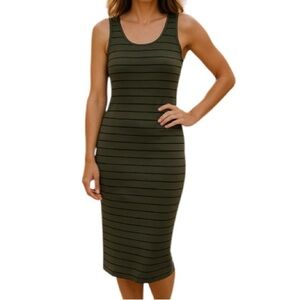 GEORGE Olive Green Ribbed  Bodycon Midi Tank Dress Striped Stretch Size M